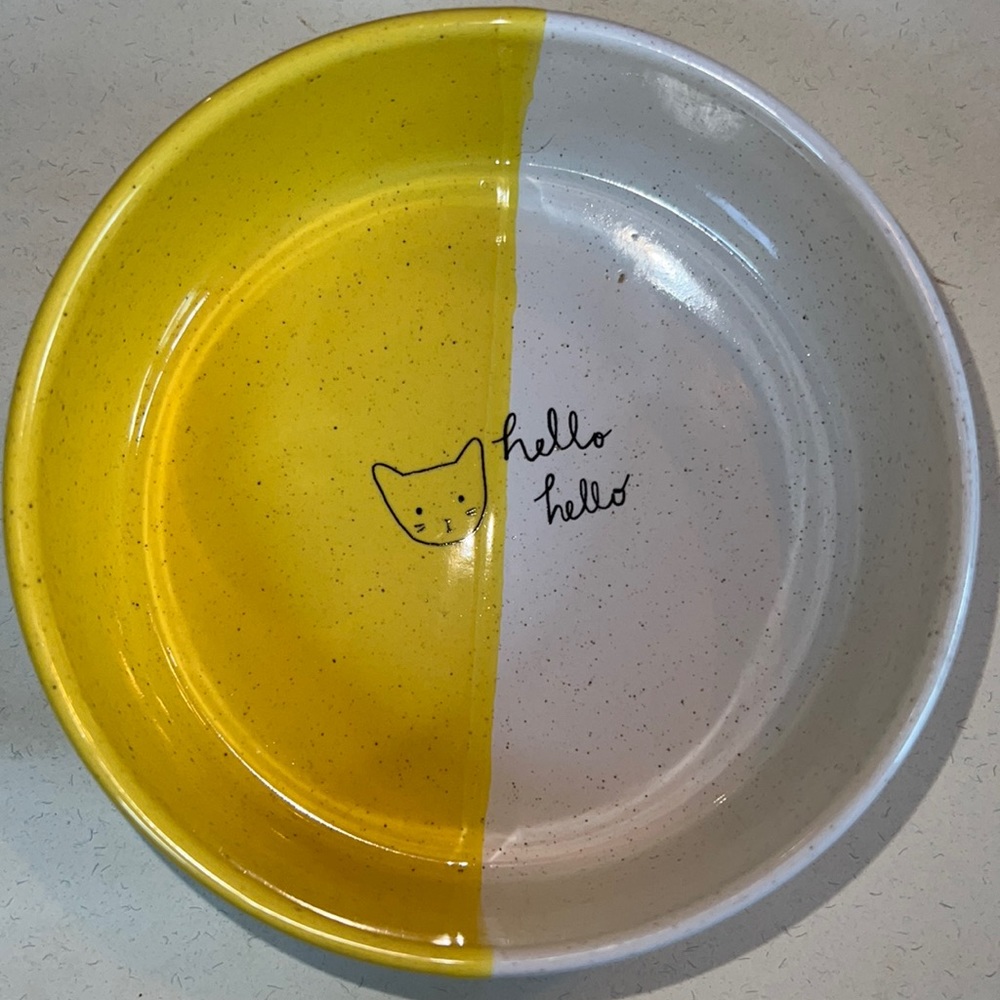 “hello, hello” yellow and white speckled kitty bowl
